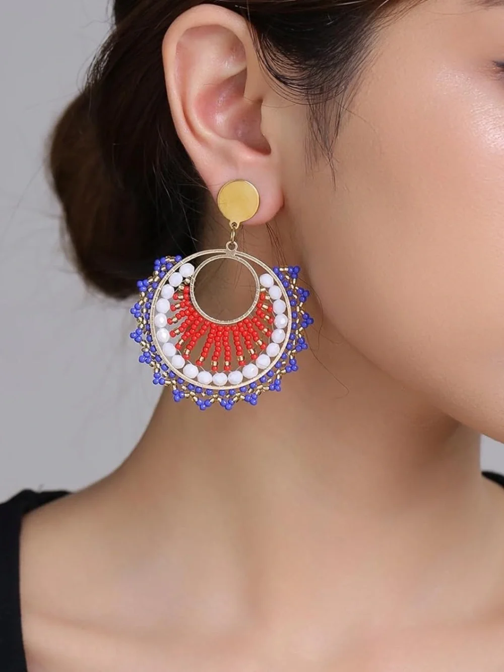 Anthropologie Red White & Blue Beaded Hoop Earrings
